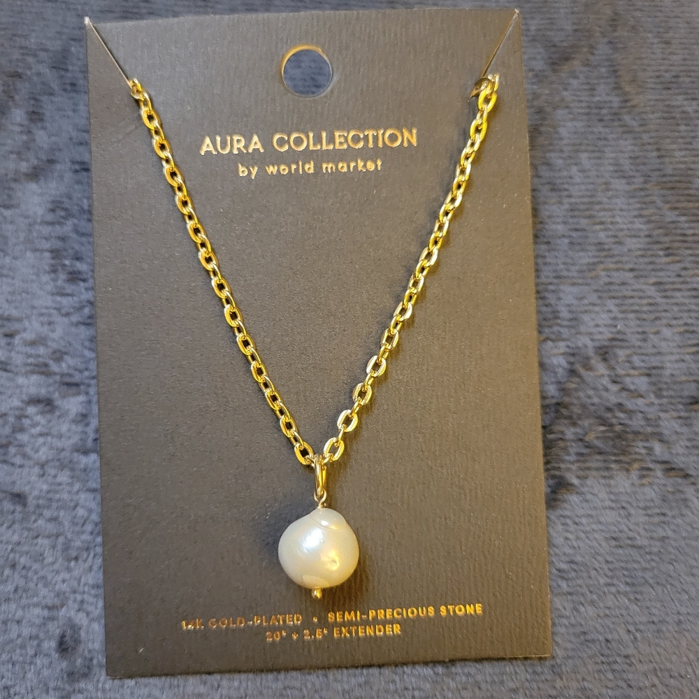 World Market Aura Collection Freshwater Pearl Necklace 14K Gold Plated 20"+2.5"
